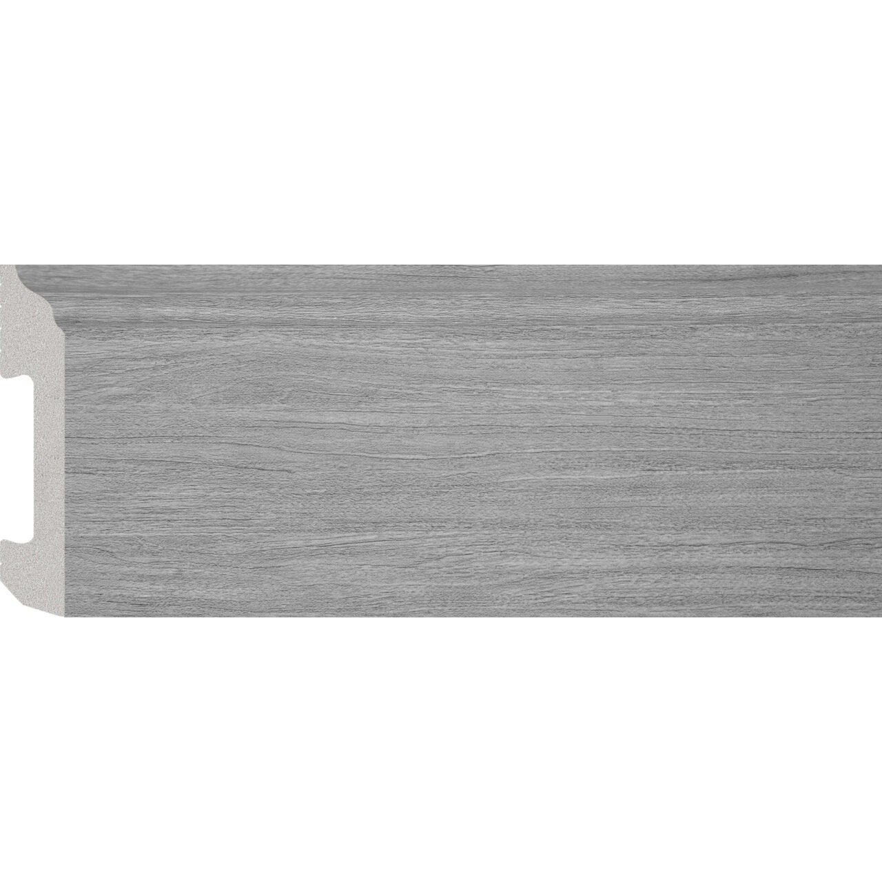 Plintă durcompozit JC581-G-2086T, lemn gri, 8 cm × 2 m Plintă durcompozit JC581-G-2086T cu decor de lemn gri mediu și fibră fină dreaptă, vedere frontală