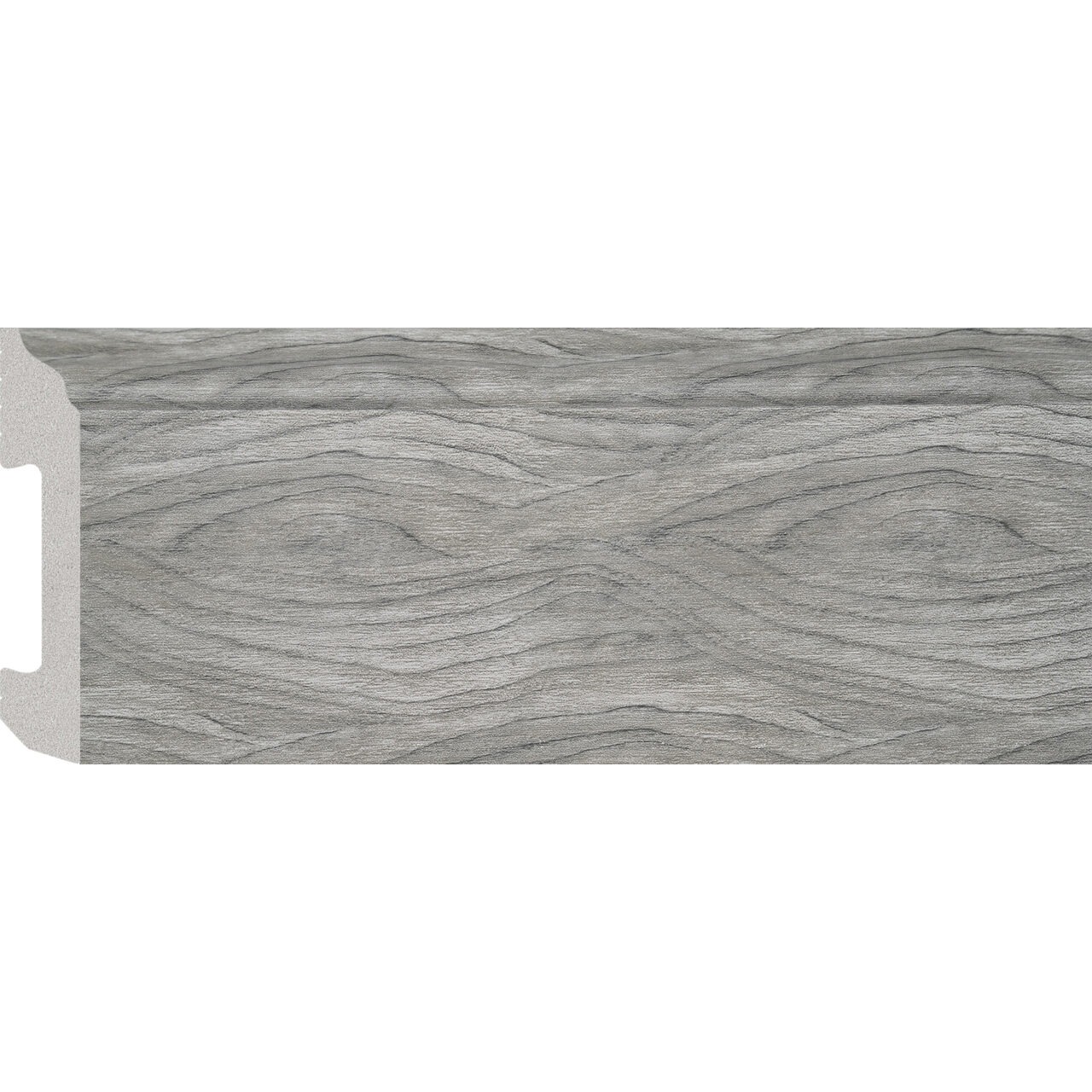 Plintă durcompozit JC581-G-2135T, lemn gri cu fibră ondulată, 8 cm × 2 m Plintă durcompozit JC581-G-2135T cu decor de lemn gri, fibră ondulată și ochiuri, vedere frontală