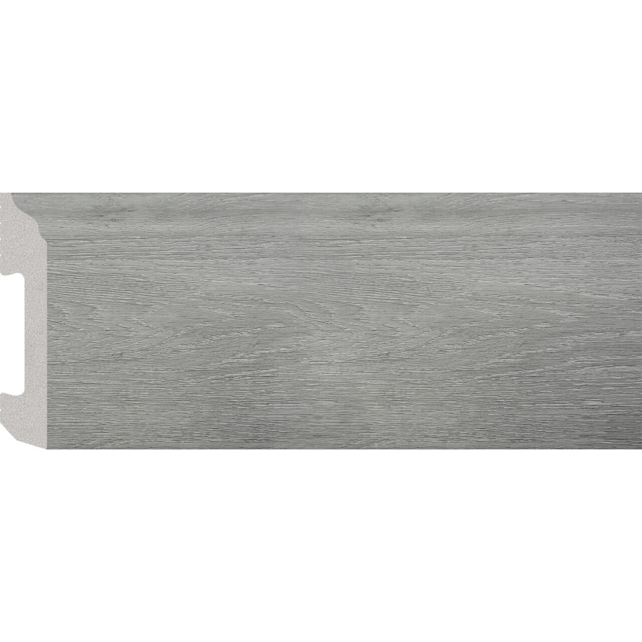 Plintă durcompozit JC581-G-5034T, lemn gri rece, 8 cm × 2 m Plintă durcompozit JC581-G-5034T cu decor de lemn gri rece și fibră fină, vedere frontală cu secțiunea