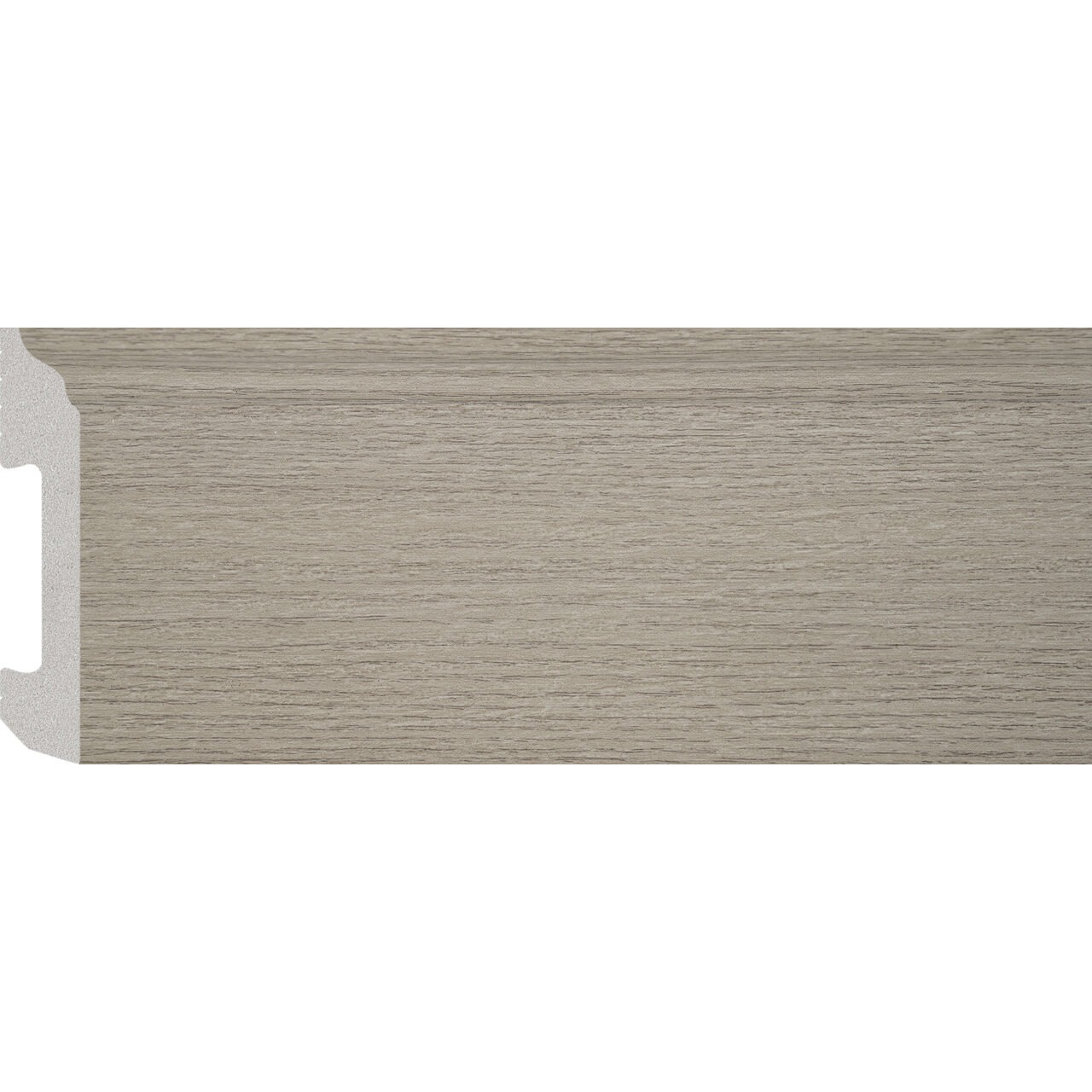 Plintă durcompozit JC581-G-6153T, lemn gri cald, 8 cm × 2 m Plintă durcompozit JC581-G-6153T cu decor de lemn gri cald și fibră fină dreaptă, vedere frontală