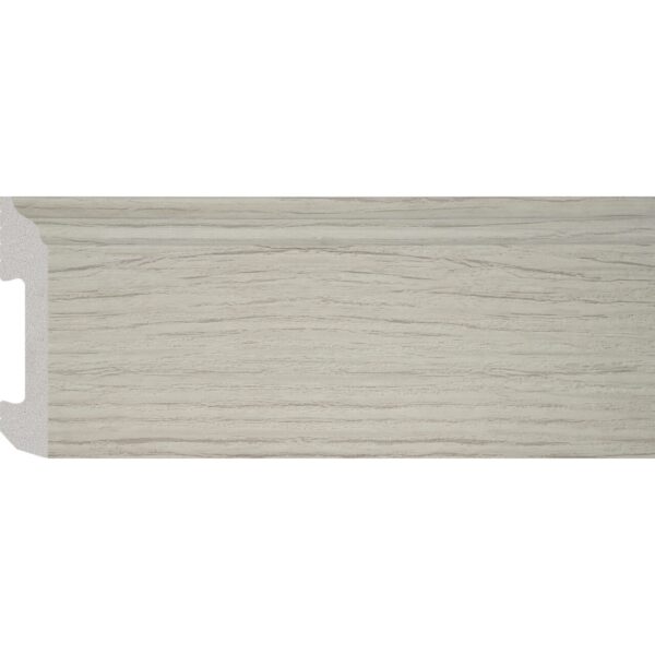 Plintă durcompozit JC581-G-6832T cu decor de lemn gri deschis și fibră în relief, vedere frontală cu secțiunea
