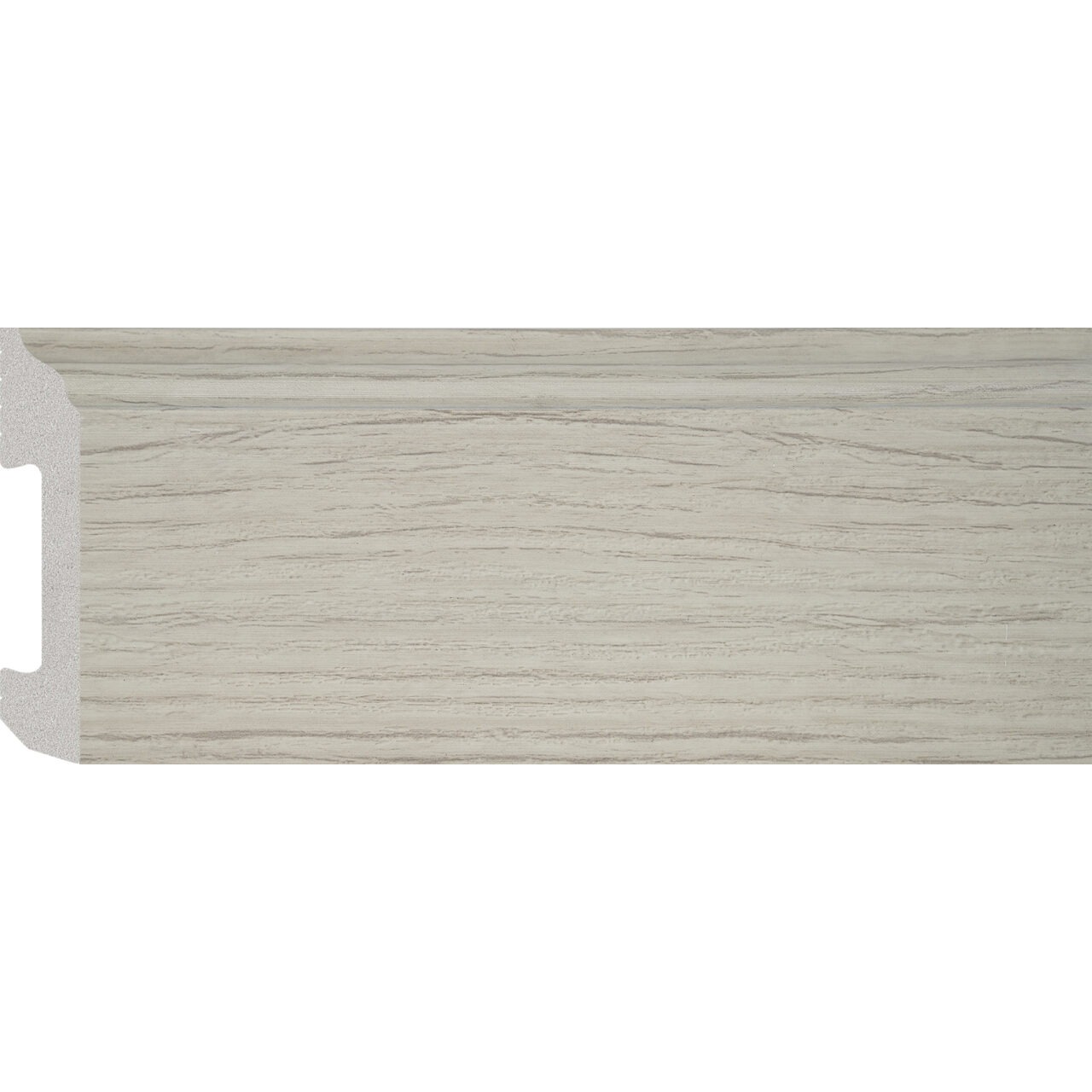 Plintă durcompozit JC581-G-6832T, lemn gri deschis, 8 cm × 2 m Plintă durcompozit JC581-G-6832T cu decor de lemn gri deschis și fibră în relief, vedere frontală cu secțiunea
