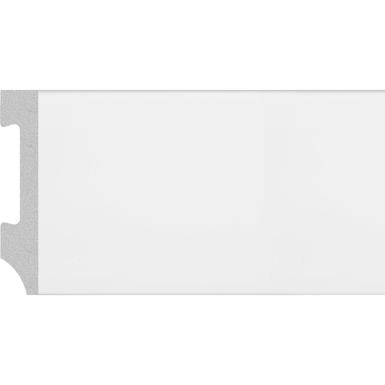 Plintă durcompozit JC885-W albă, profil drept, 8 cm Plintă durcompozit JC885-W albă cu profil drept, vedere frontală și secțiune cu canalul pentru cabluri