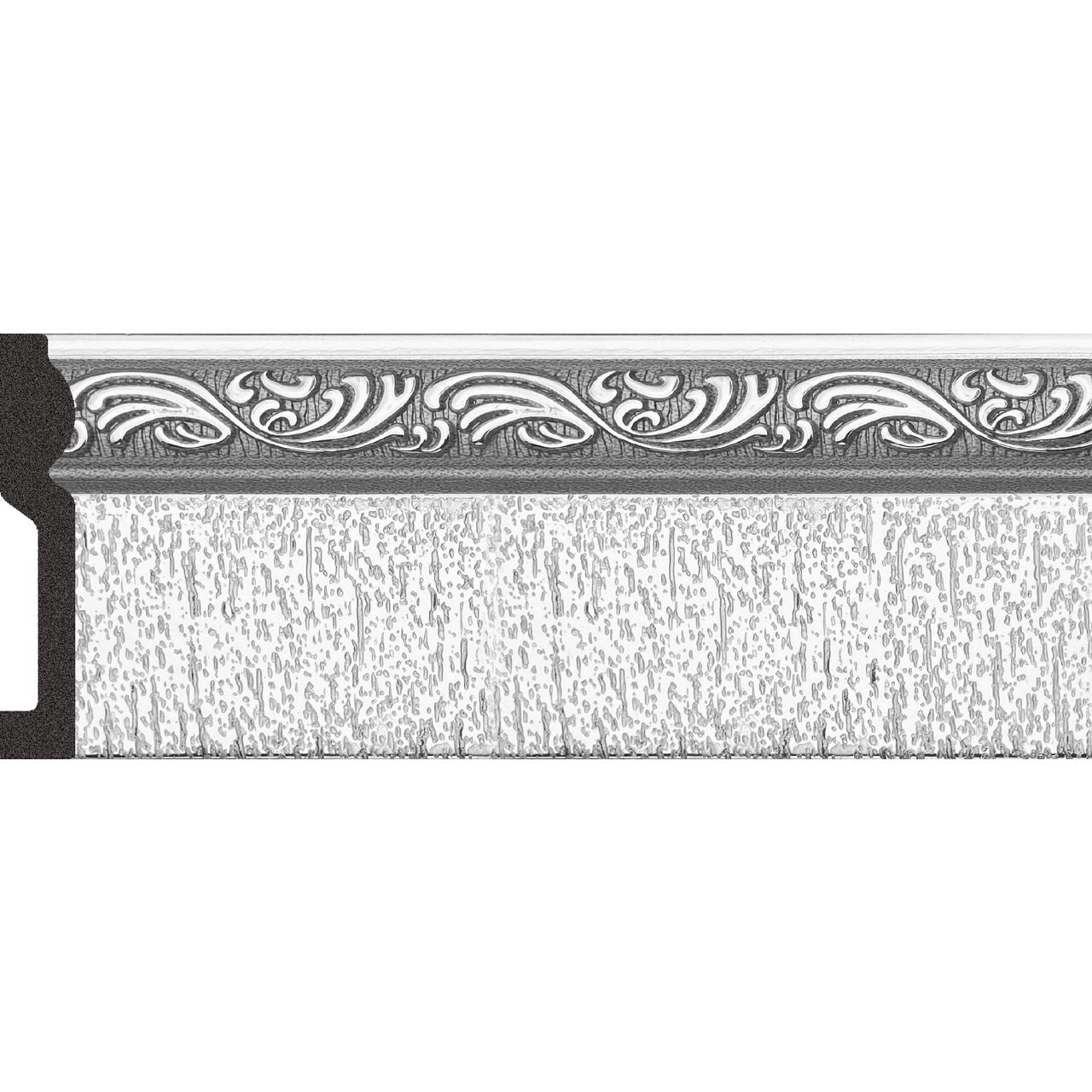 Plintă durcompozit argintie JT1564-A-019T, 7,8 cm × 2 m Plintă durcompozit JT1564-A-019T argintie, cu bandă de volute în relief pe fond gri închis