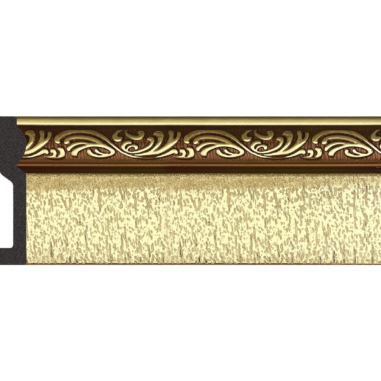 Plintă durcompozit aurie JT1564-A-2024T, 7,8 cm × 2 m Plintă durcompozit JT1564-A-2024T cu bandă de volute aurii pe fond maro și față aurie texturată