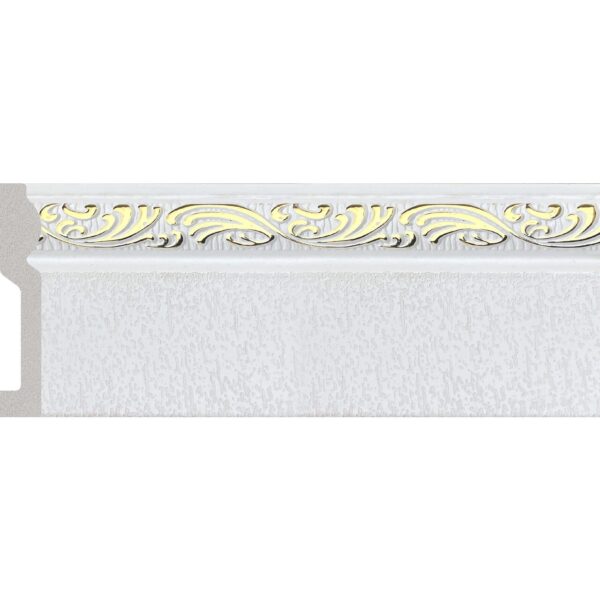 Plintă durcompozit JT1564-A-W1GT albă cu bandă ornamentală aurie în relief și suprafață texturată
