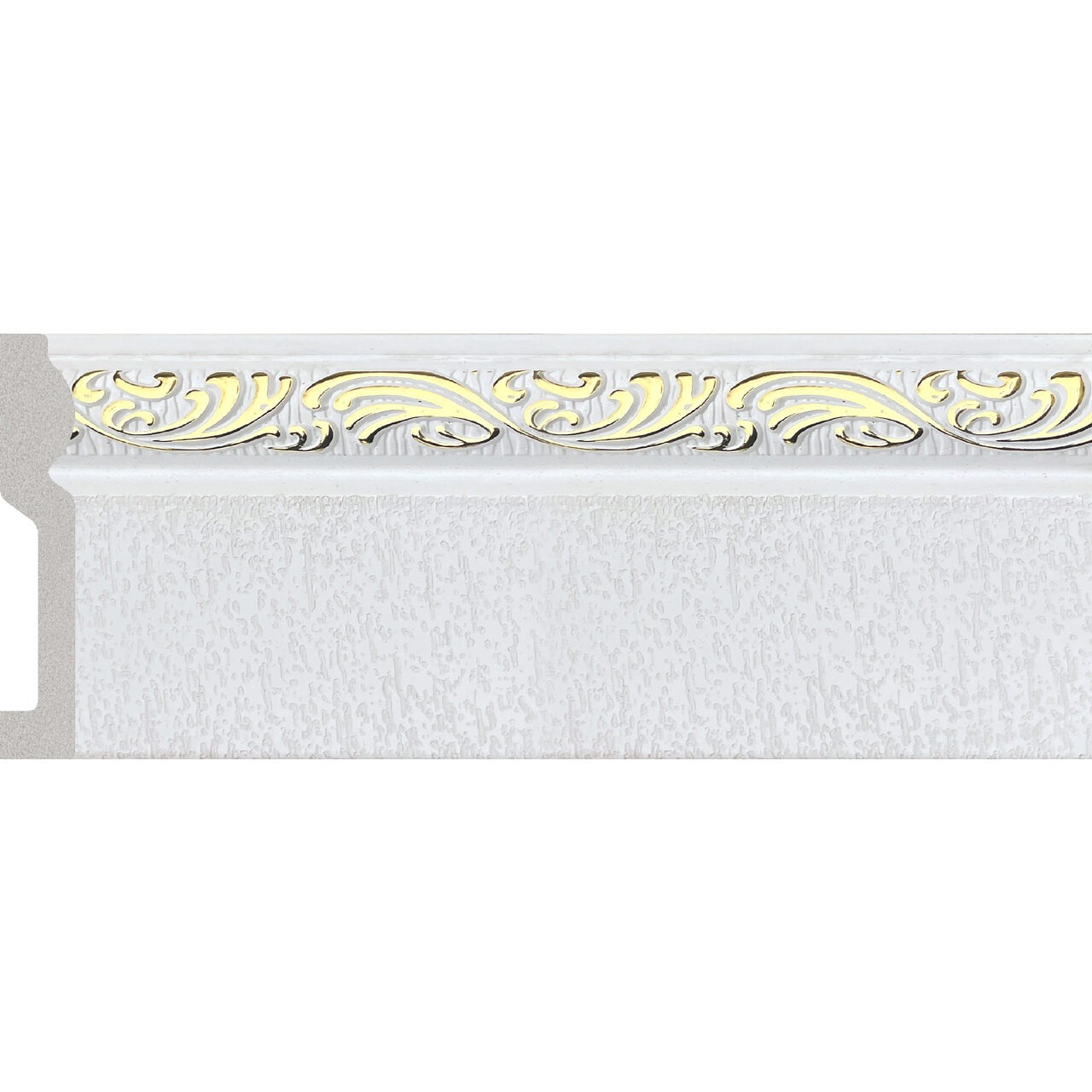 Plintă durcompozit albă cu ornament auriu Plintă durcompozit JT1564-A-W1GT albă cu bandă ornamentală aurie în relief și suprafață texturată