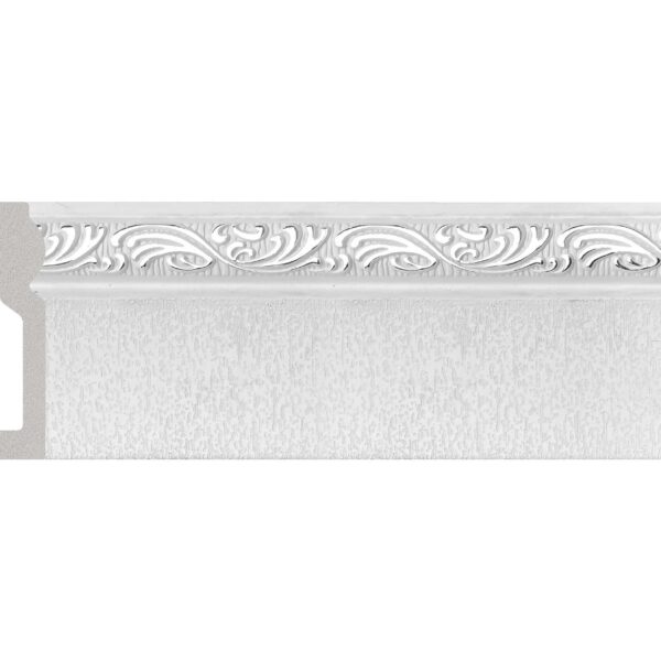 Plintă durcompozit JT1564-A-W1ST albă cu bandă de volute argintii în relief, vedere frontală