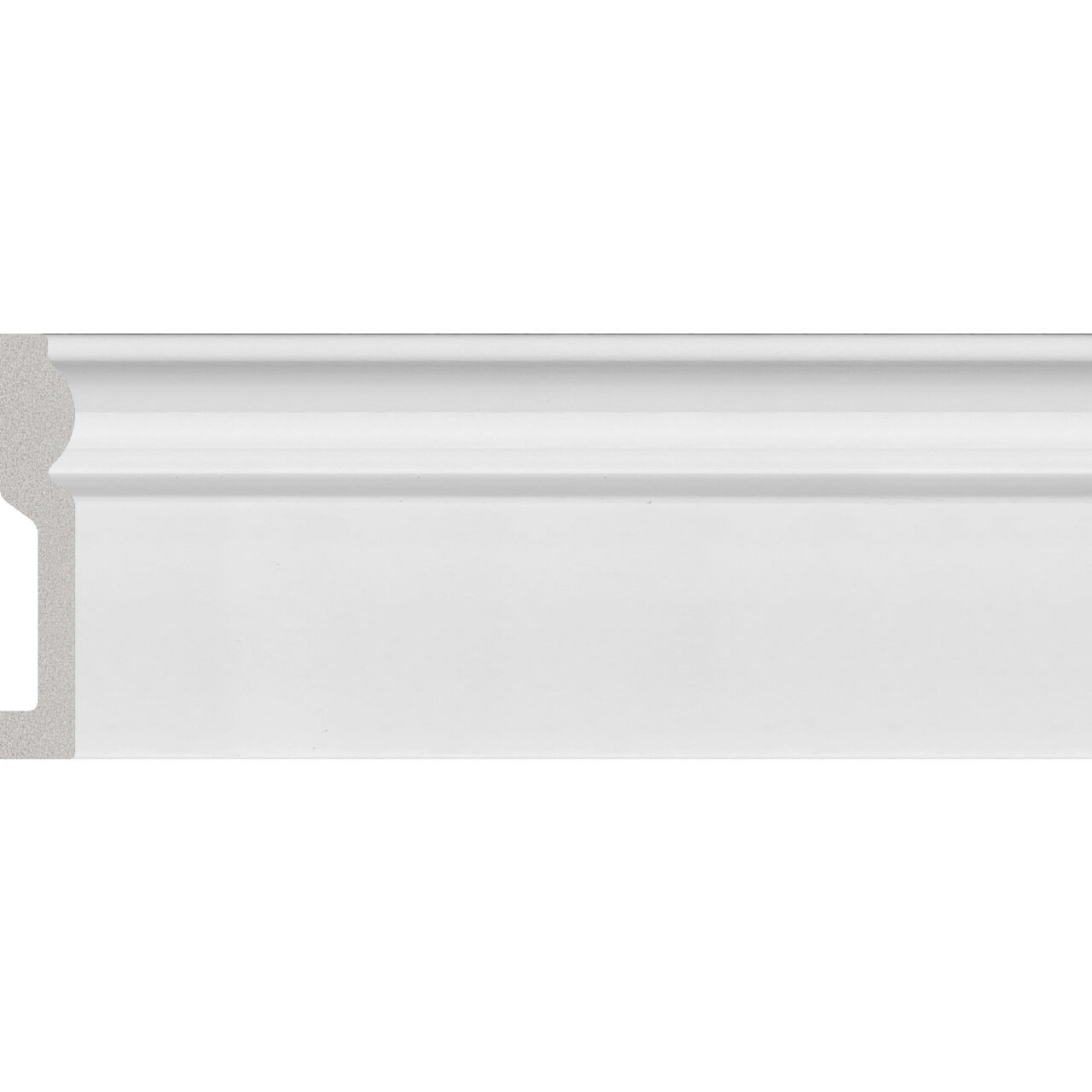Plintă durcompozit albă JT1564-A1001, 7,8 cm × 2 m Plintă durcompozit albă lucioasă JT1564-A1001, vedere frontală cu profilul clasic și canalul din spate