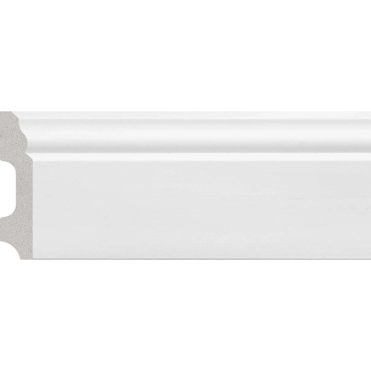 Plintă durcompozit JX02-W albă, profil clasic, 6 cm Plintă durcompozit JX02-W albă cu profil clasic mic și baghetă rotunjită sus, vedere frontală și secțiune