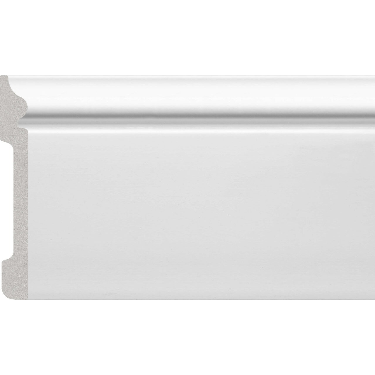 Plintă durcompozit JX15-W albă, profil clasic, 12 cm Plintă durcompozit JX15-W albă, profil clasic înalt cu baghetă rotunjită sus, vedere frontală și secțiune