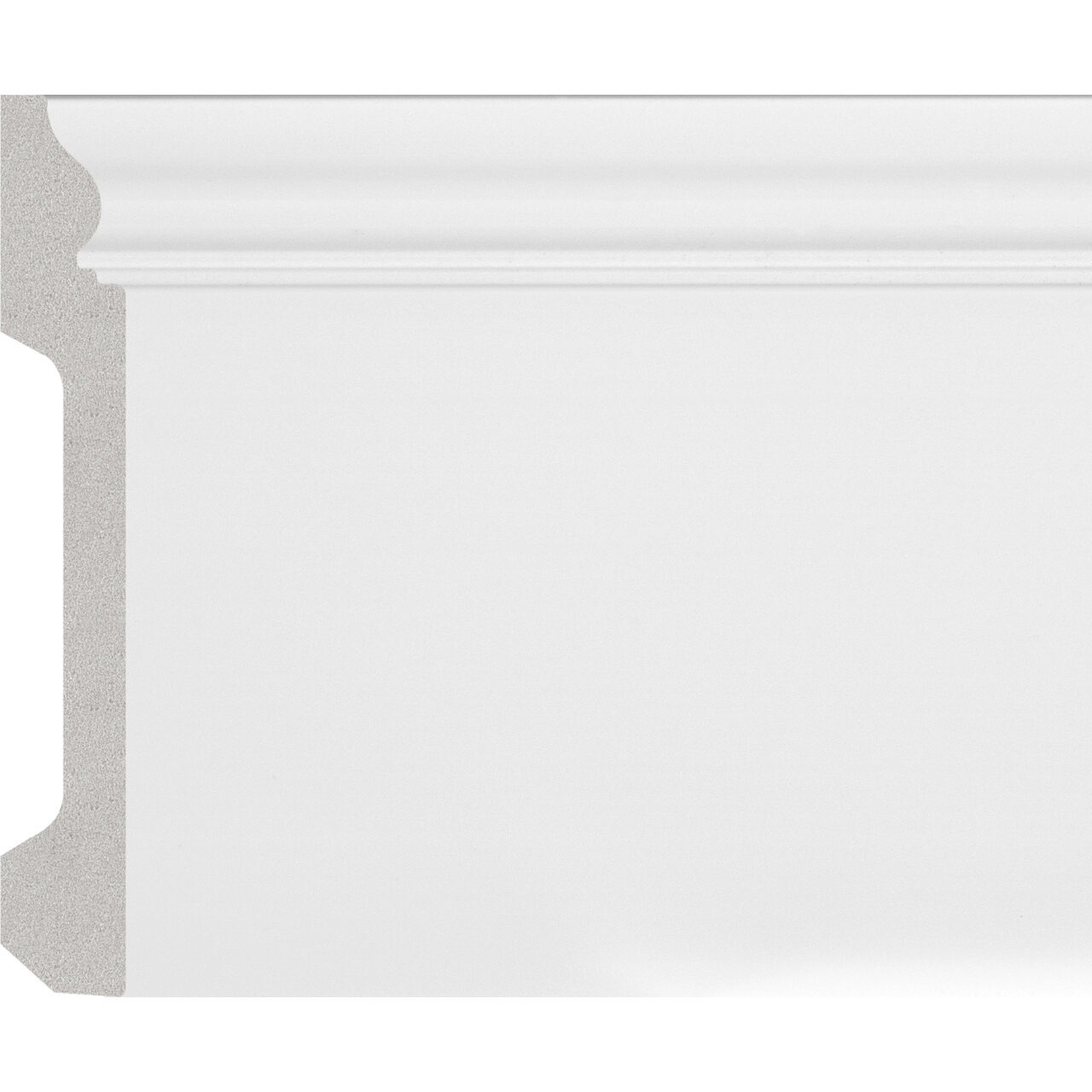 Plintă durcompozit JX99-W albă, profil clasic, 12,4 cm Plintă durcompozit JX99-W albă cu baghetă rotunjită și linie fină sus, vedere frontală și secțiunea profilului