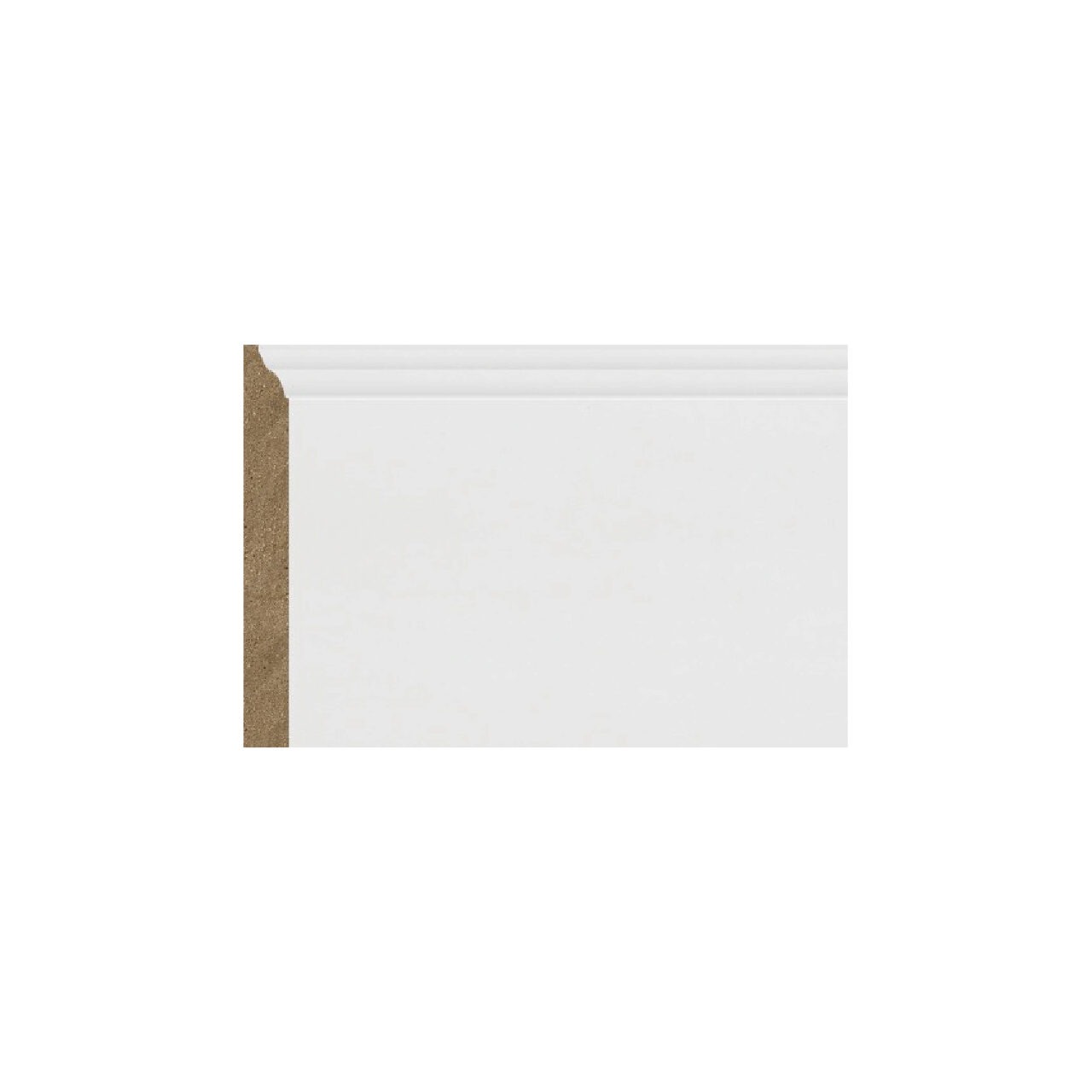 Plintă MDF albă M 1006, 13,1 cm × 2,4 m Plintă MDF albă M 1006 de 13,1 cm cu marginea de sus profilată, vedere frontală cu secțiunea