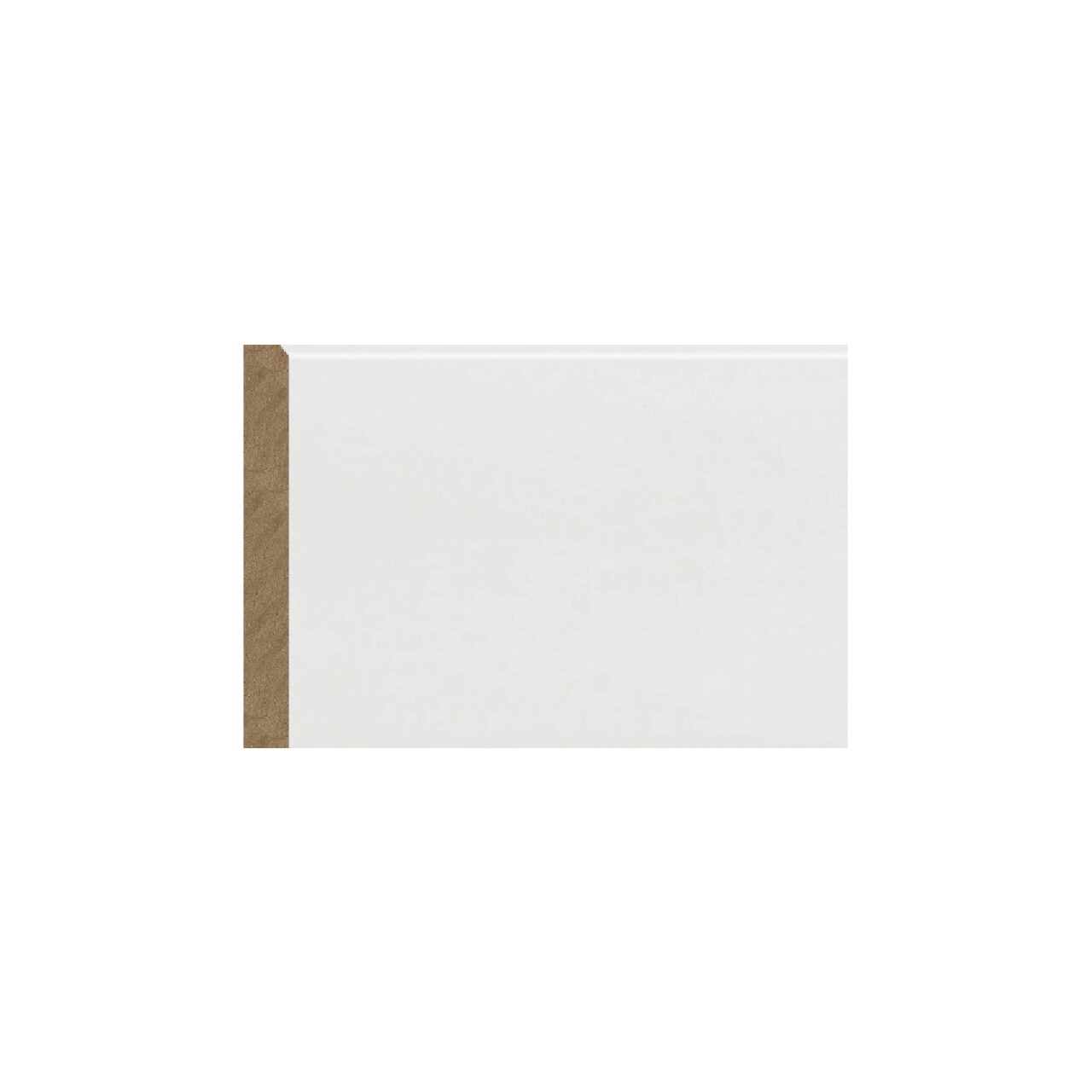 Plintă MDF albă M 1018, 13,1 cm × 2,4 m Plintă MDF albă M 1018 de 13,1 cm cu fața dreaptă, vedere frontală cu secțiunea barei