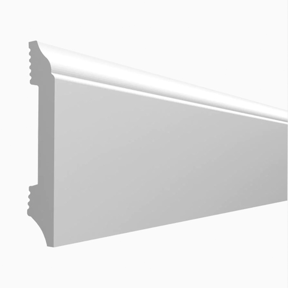 Plintă din polimer dur FDS100, 10 cm, albă Plintă din polimer dur FDS100 albă, cu baghetă rotunjită sus și fața netedă, vedere în perspectivă
