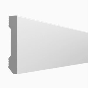 Plintă din polimer dur FDS103 albă, cu profil drept și fața complet plană, vedere în perspectivă
