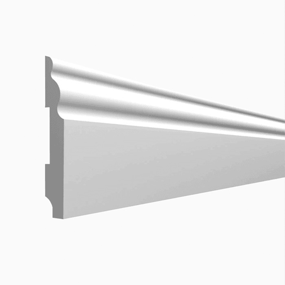 Plintă din polimer dur FDS107, 10 cm, profil clasic Plintă din polimer dur FDS107 albă, cu profil clasic cu curbă dublă sus și fața plană, vedere în perspectivă