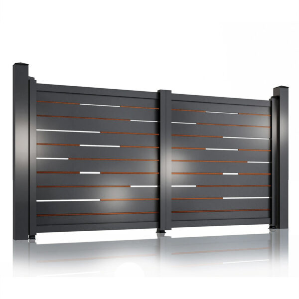 Poartă auto batantă Ragnar 3000 × 1800 mm, gri antracit, cu inserții tip lemn între lamelele orizontale