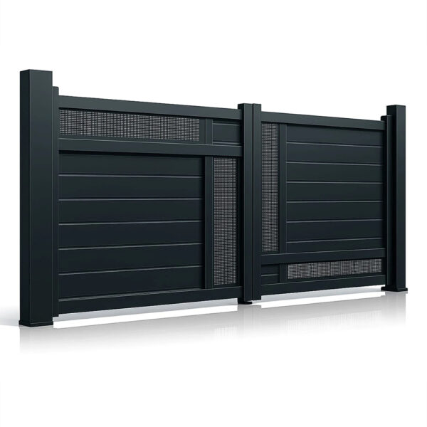 Poartă auto batantă Samurai gri antracit 3500 × 1800 mm, cu zone de tablă perforată pe canate