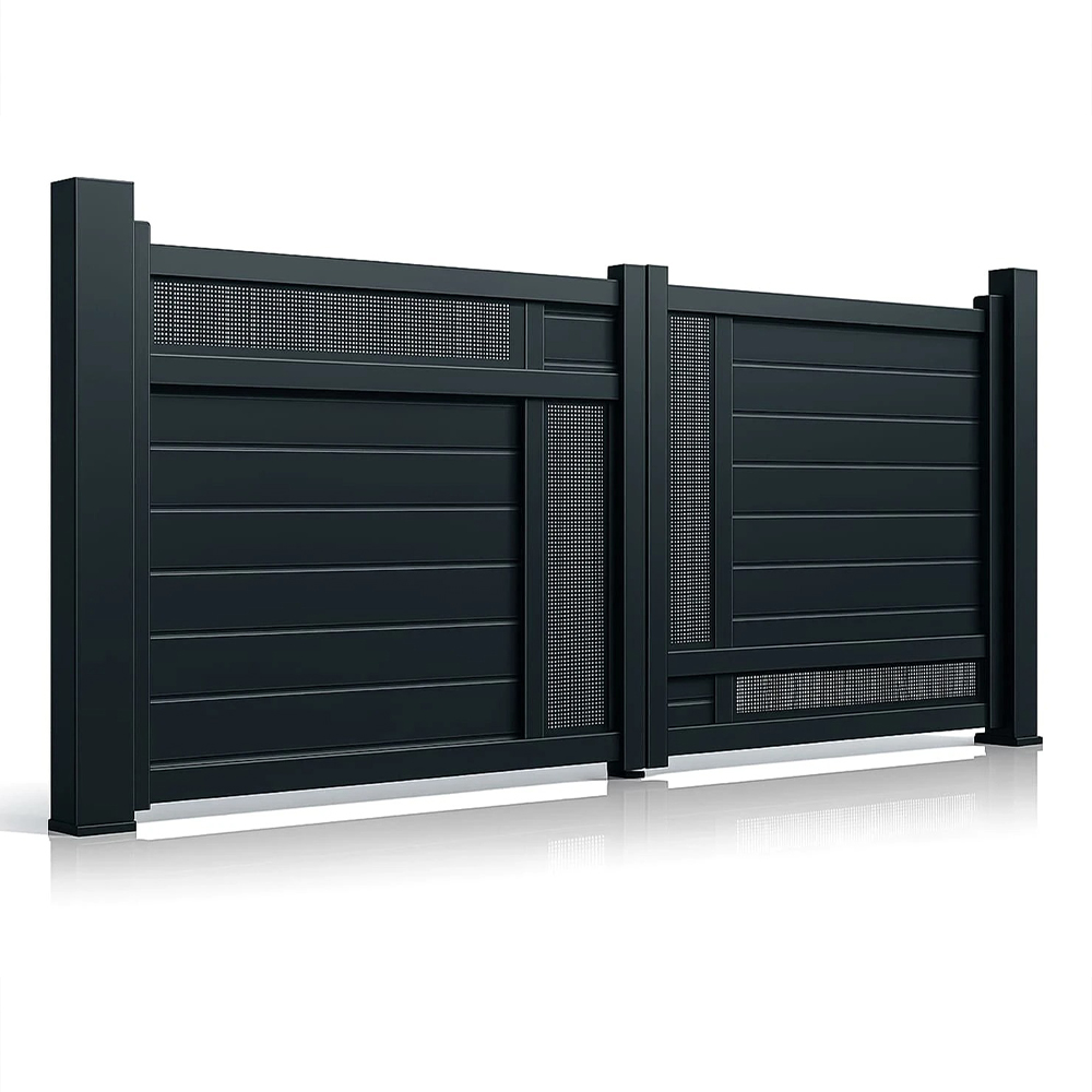 Poartă auto Samurai gri antracit Poartă auto batantă Samurai gri antracit 3500 × 1800 mm, cu zone de tablă perforată pe canate