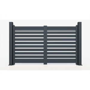 Poartă auto batantă Atlas gri antracit, vedere frontală, cu lamele late tip scândură la distanțe egale