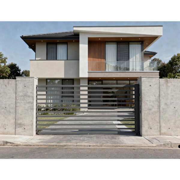 Poartă culisantă Apis între ziduri din beton aparent, cu aleea casei vizibilă printre lamele