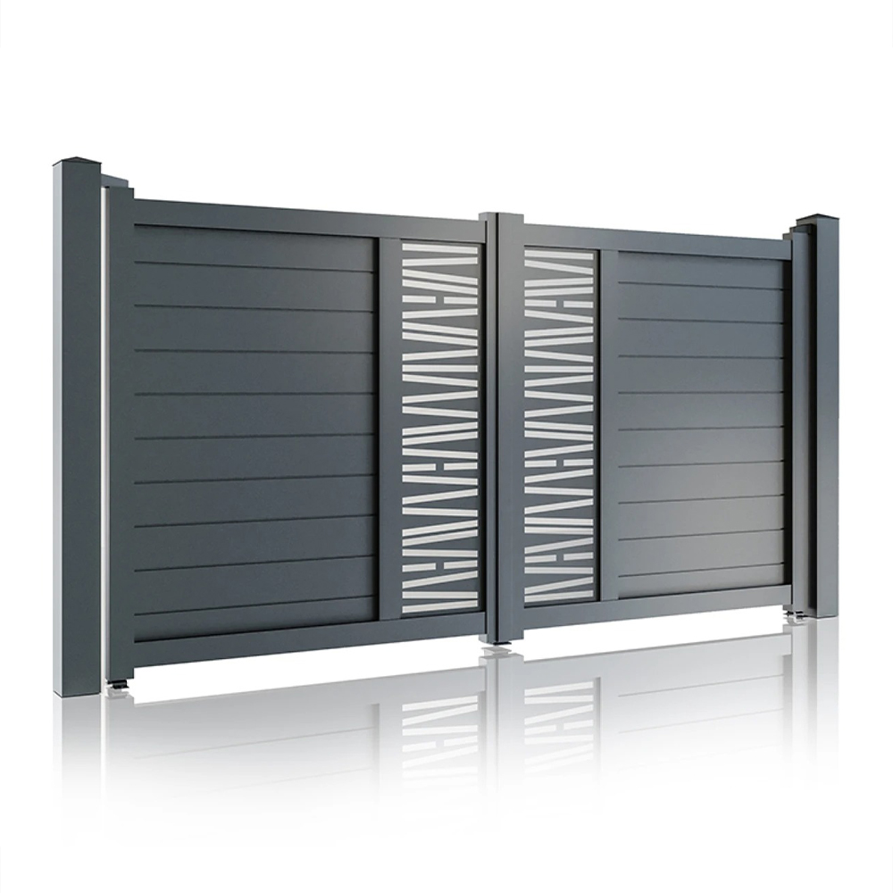 Poartă auto Poseidon gri antracit Poartă auto batantă Poseidon gri antracit 3000 × 1800 mm, cu două canate și decor decupat în centru