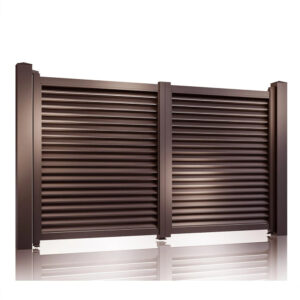 Poartă auto batantă Jaluzea Suprem maro 3000 × 1800 mm, cu două canate de lamele tip jaluzea