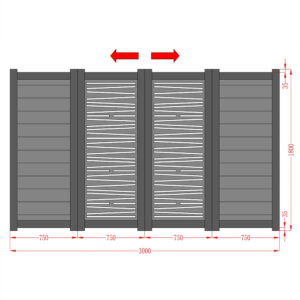 Desen tehnic poartă bi-fold Poseidon: patru panouri de 750 mm, lățime totală 3000 mm, înălțime 1800 mm