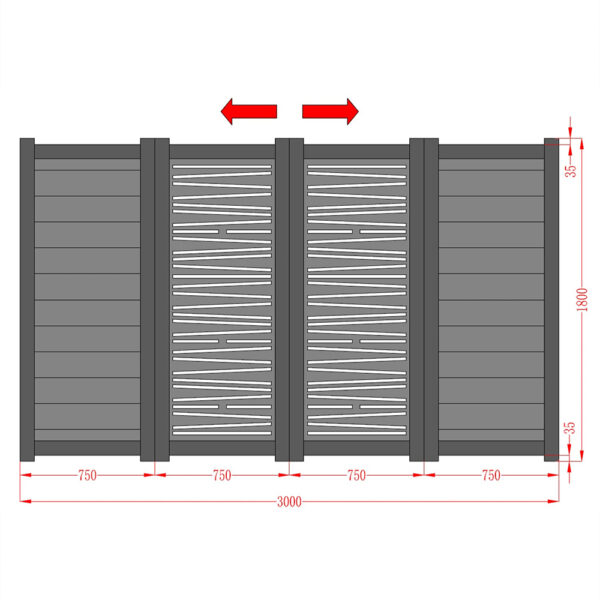 Desen tehnic poartă bi-fold Poseidon: patru panouri de 750 mm, lățime totală 3000 mm, înălțime 1800 mm