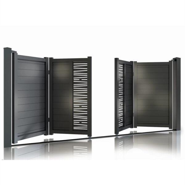 Poartă bi-fold Poseidon gri antracit de 4000 mm, pliată, cu benzi decorative traforate pe panourile centrale