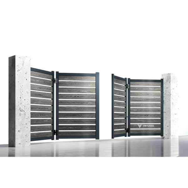 Poartă bi-fold Ares cu ramă de aluminiu și lamele WPC cu aspect de lemn, pliată în timpul deschiderii