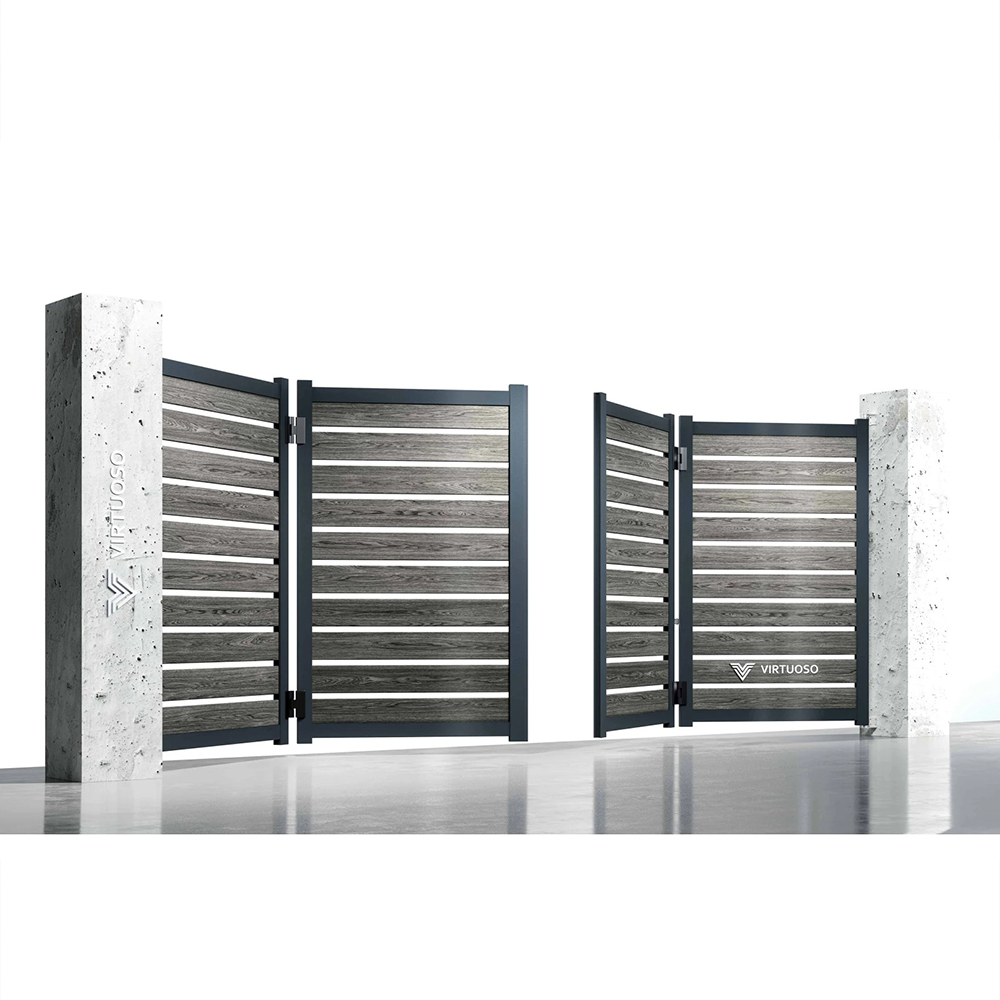 Poartă bi-fold Ares, în timpul deschiderii Poartă bi-fold Ares cu ramă de aluminiu și lamele WPC cu aspect de lemn, pliată în timpul deschiderii