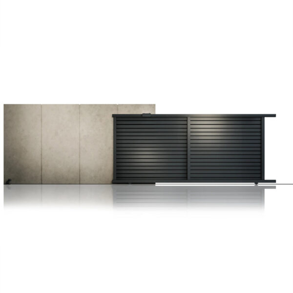 Poartă culisantă Jaluzea Deluxe gri antracit 4000 × 2000 mm lângă un zid de beton, cu lamele orizontale