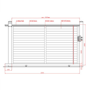 Desen tehnic poartă culisantă Jaluzea Deluxe: gol maxim de 3000 mm, canat de 3300 mm, broască la 1035 mm
