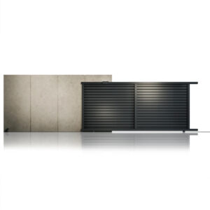 Poartă culisantă Jaluzea Deluxe gri antracit 3000 × 1800 mm lângă un zid de beton