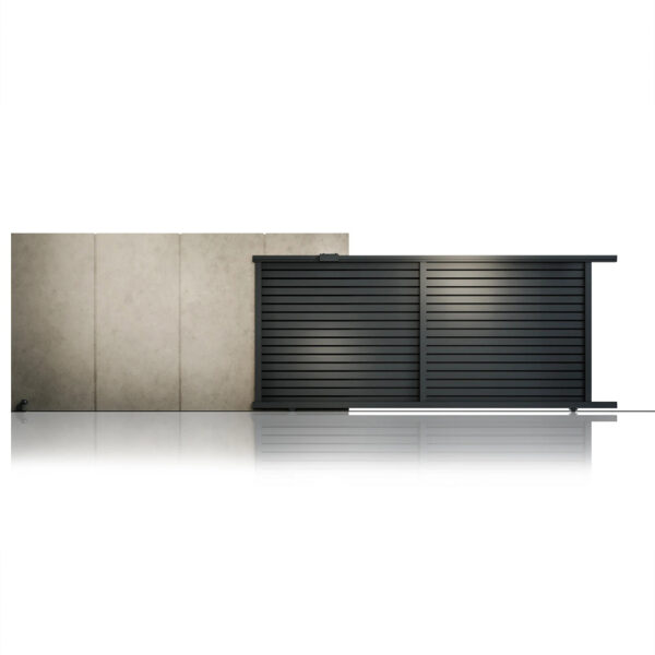 Poartă culisantă Jaluzea Deluxe gri antracit 3000 × 1800 mm lângă un zid de beton