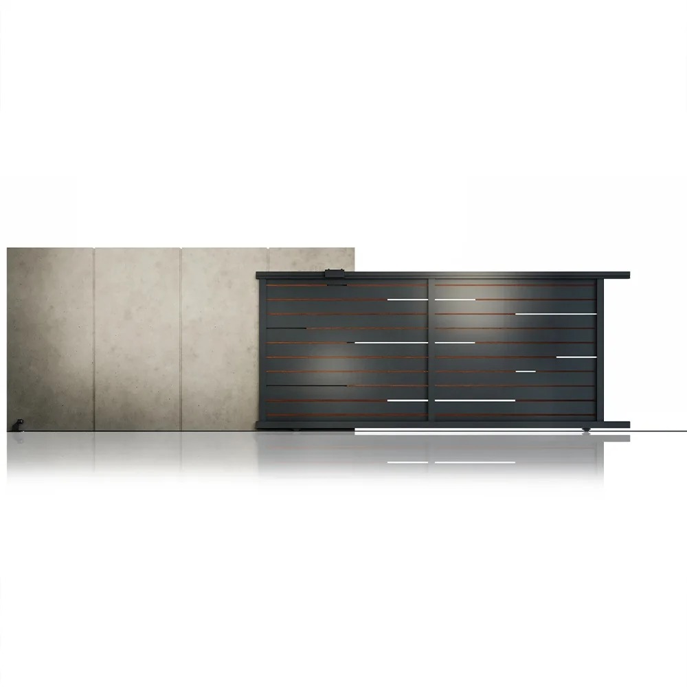 Poartă culisantă Ragnar 4000 × 1800 Poartă culisantă Ragnar 4000 × 1800 mm, gri antracit cu inserții tip lemn, lângă un zid de beton