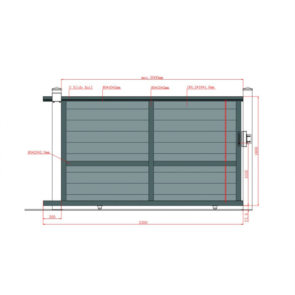 Desen tehnic poartă culisantă Baldur 3000 × 1800 mm, cu golul maxim, lungimea canatului și profilele