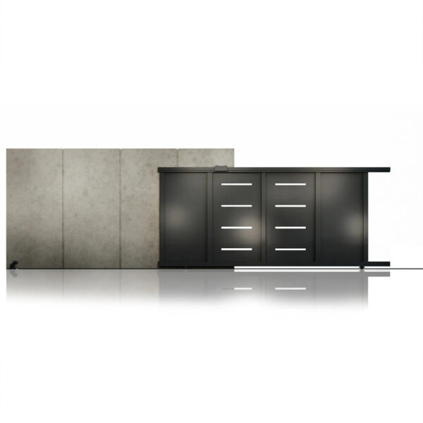 Poartă culisantă Thor gri antracit, 4000 × 1800 mm, cu panouri orizontale și decupaje decorative, vedere frontală