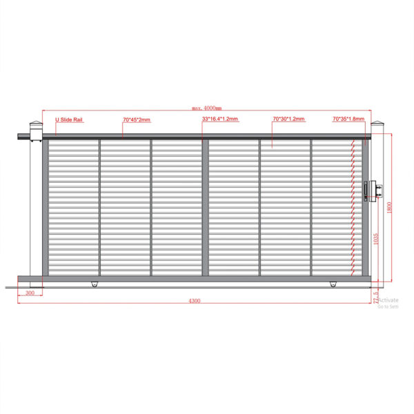 Desen tehnic poartă culisantă Jaluzea Suprem: gol maxim 4000 mm, canat de 4300 mm, ghidaj superior
