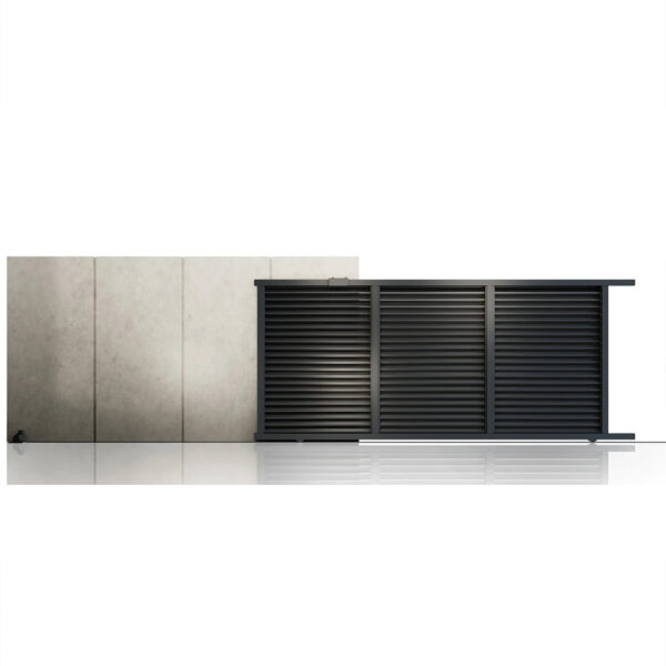 Poartă culisantă Jaluzea Suprem gri antracit 4000 × 1800 mm, închisă, lângă un zid de beton