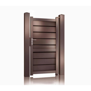 Poartă pietonală Baldur maro 900 × 1800 mm, cu lamele late înclinate și mâner argintiu