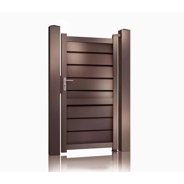 Poartă pietonală Baldur maro 900 × 1800 mm, cu lamele late înclinate și mâner argintiu
