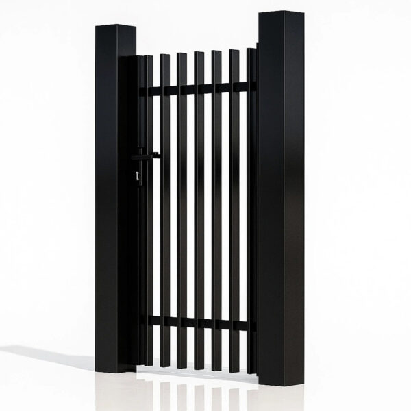 Poartă pietonală Light Straight neagră 900 × 1800 mm, cu bare verticale subțiri, văzută din unghi