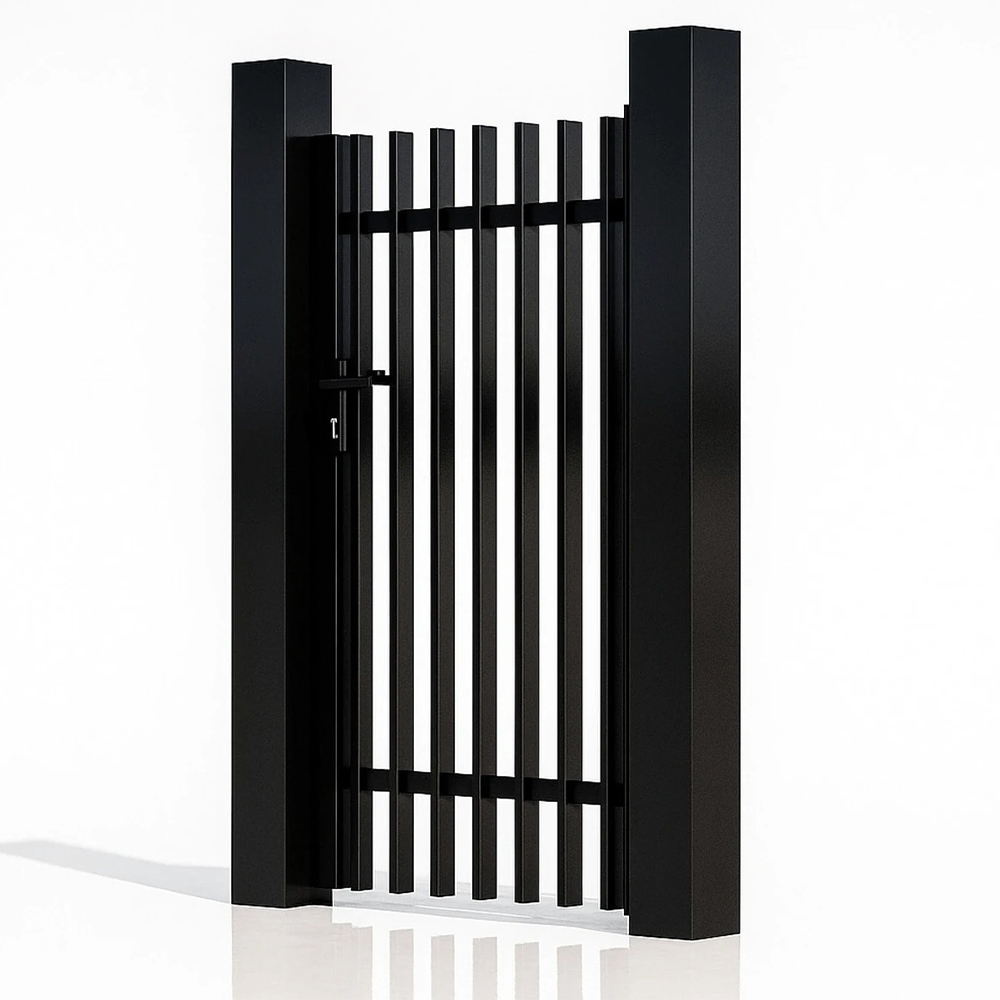 Poartă pietonală Light Straight Poartă pietonală Light Straight neagră 900 × 1800 mm, cu bare verticale subțiri, văzută din unghi