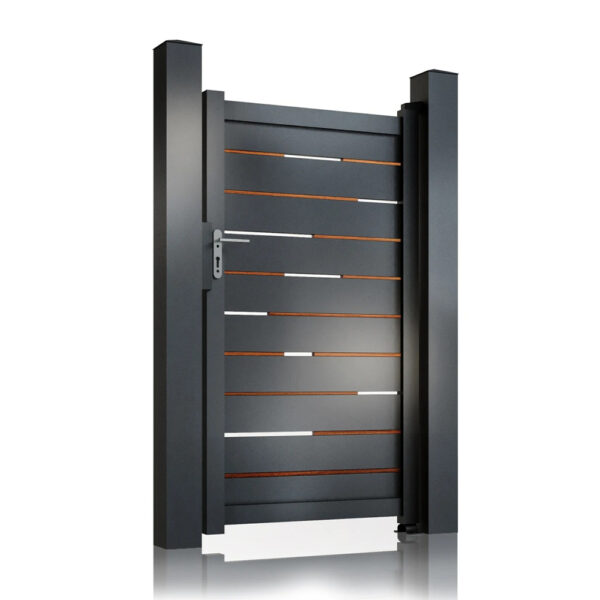 Poartă pietonală Ragnar 900 × 1800 mm, gri antracit, cu inserții tip lemn și fante între lamele
