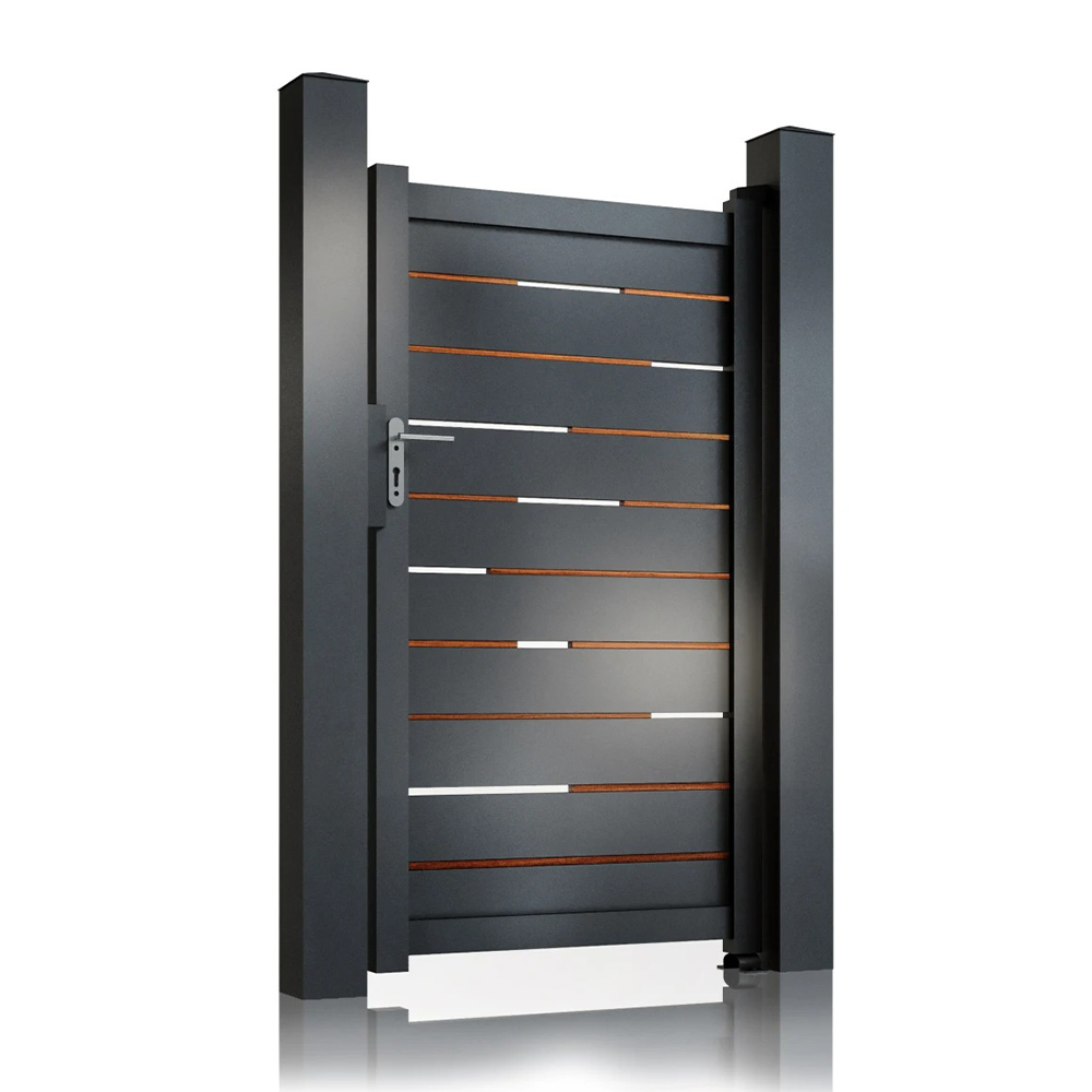 Poartă pietonală Ragnar Poartă pietonală Ragnar 900 × 1800 mm, gri antracit, cu inserții tip lemn și fante între lamele
