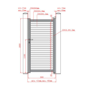 Desen tehnic poartă pietonală Jaluzea Suprem 900 × 1800 mm, cu golul dintre stâlpi și profilele cadrului