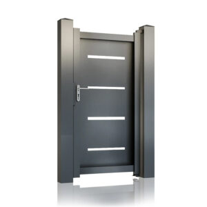 Poartă pietonală Thor gri antracit 900 × 1800 mm, panou plin cu plăcuțe decorative din inox și mâner